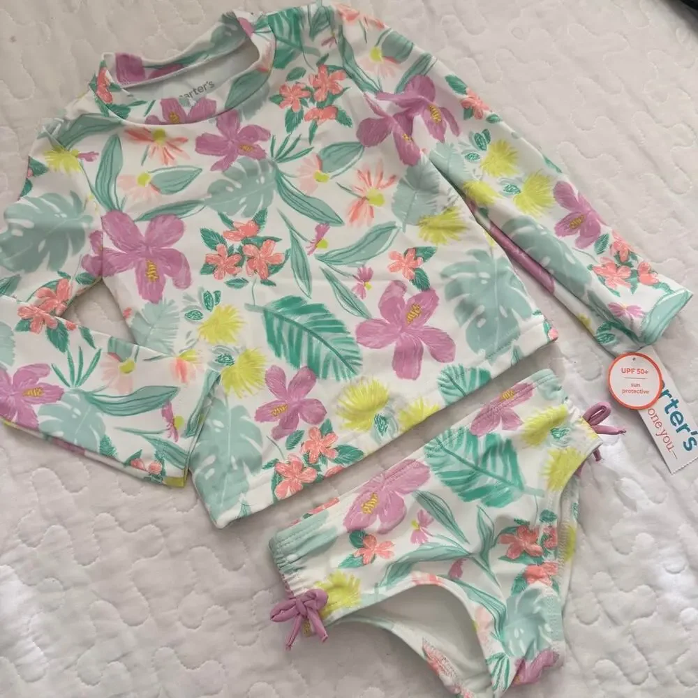 NWT Carters 2t girls floral swimsuit rashguard tankini hawaiian